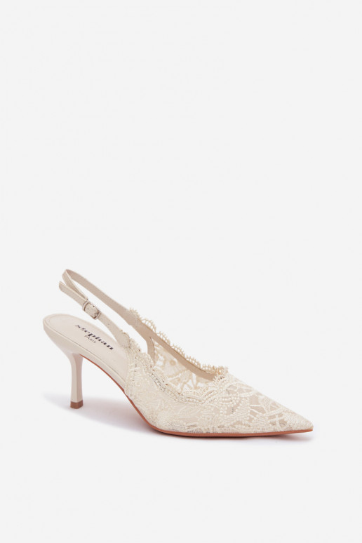 Pitsiga kaunistatud sandaalid kõrge jämeda kontsaga Elevandiluu värvi Carielle