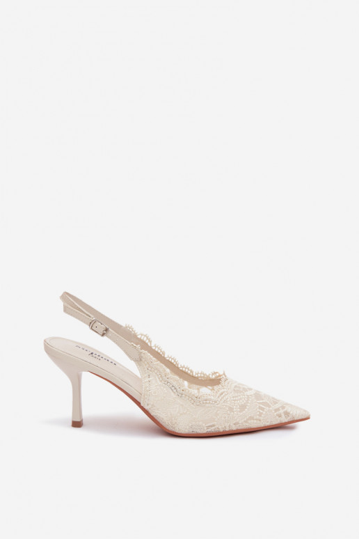 Pitsiga kaunistatud sandaalid kõrge jämeda kontsaga Elevandiluu värvi Carielle