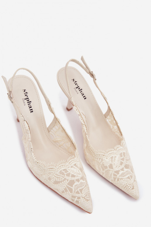 Pitsiga kaunistatud sandaalid kõrge jämeda kontsaga Elevandiluu värvi Carielle