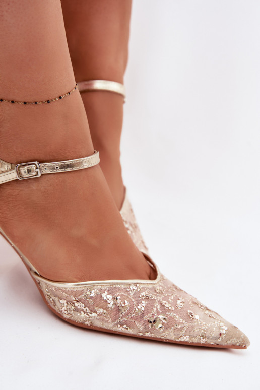 Võrk Pealistesandaalid kõrge jämeda kontsagaLäigeującym Zdobieniem Kuldset värvi Laria