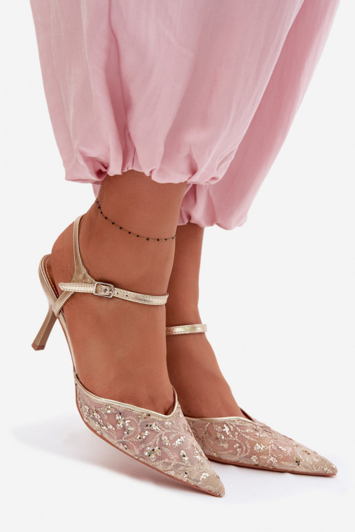 Võrk Pealistesandaalid kõrge jämeda kontsagaLäigeującym Zdobieniem Kuldset värvi Laria