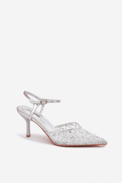 Võrk Pealistesandaalid kõrge jämeda kontsagaLäigeującym Zdobieniem Hõbedat värvi Laria