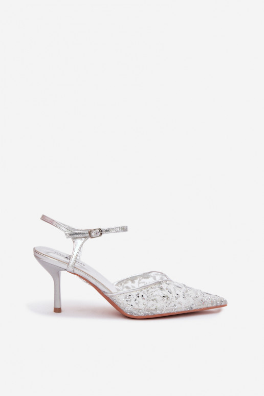 Võrk Pealistesandaalid kõrge jämeda kontsagaLäigeującym Zdobieniem Hõbedat värvi Laria