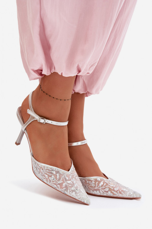 Võrk Pealistesandaalid kõrge jämeda kontsagaLäigeującym Zdobieniem Hõbedat värvi Laria