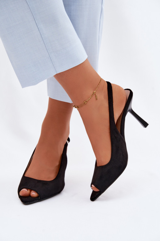 Naistele mõeldud mustad kunstnahast sandaalid peenikeste kontsadega
