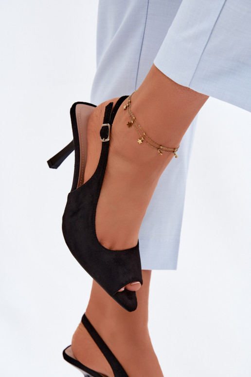 Naistele mõeldud mustad kunstnahast sandaalid peenikeste kontsadega