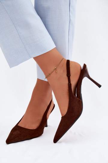 Naistele mõeldud šokolaadipruunid kunstnahast sandaalid peenikeste kontsadega