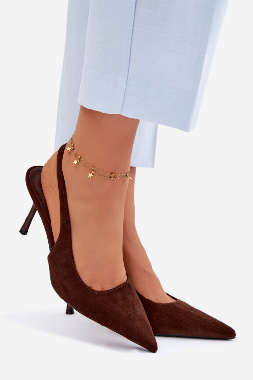 Naistele mõeldud šokolaadipruunid kunstnahast sandaalid peenikeste kontsadega