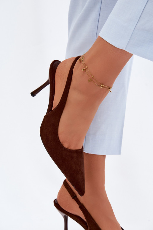 Naistele mõeldud šokolaadipruunid kunstnahast sandaalid peenikeste kontsadega
