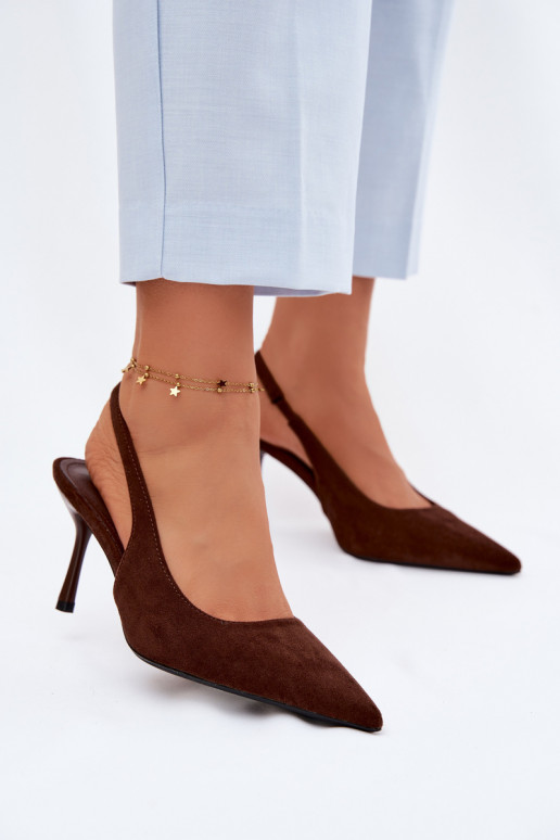 Naistele mõeldud šokolaadipruunid kunstnahast sandaalid peenikeste kontsadega