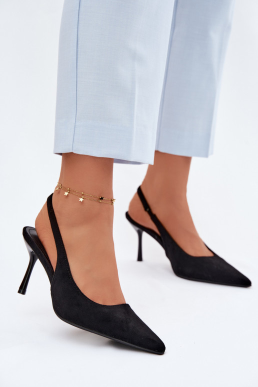 Naistele mõeldud mustad kunstnahast sandaalid peenikeste kontsadega