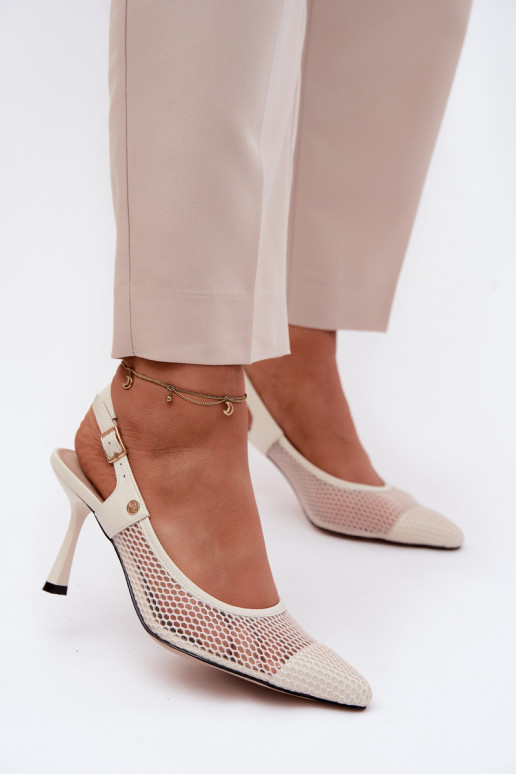 Pealhk Ažuursed sandaalid Kingad Pealiste omad kõrge jämeda kontsaga Sellel onciejka K7507-22 Elevandiluu värvi