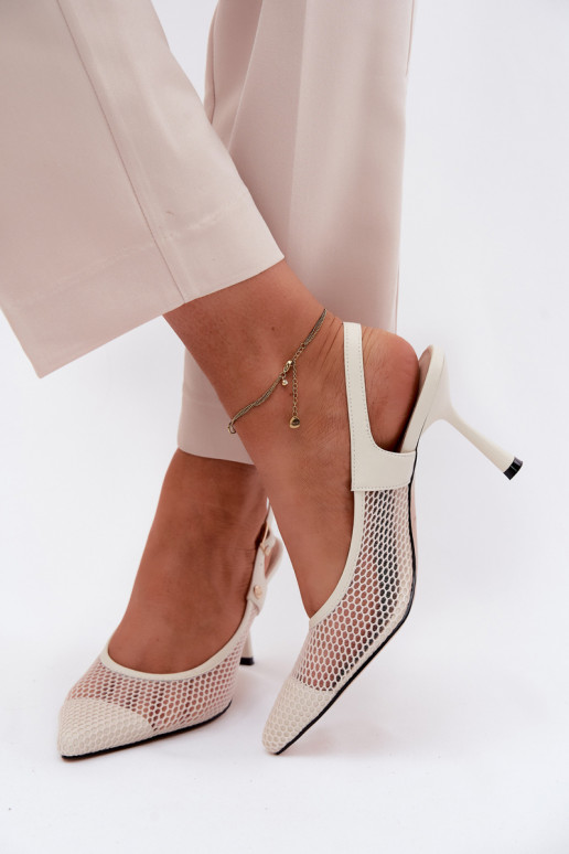 Pealhk Ažuursed sandaalid Kingad Pealiste omad kõrge jämeda kontsaga Sellel onciejka K7507-22 Elevandiluu värvi