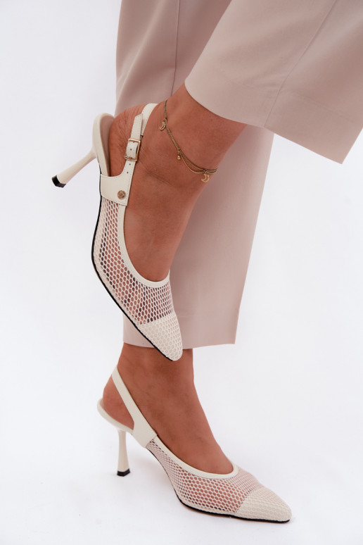 Pealhk Ažuursed sandaalid Kingad Pealiste omad kõrge jämeda kontsaga Sellel onciejka K7507-22 Elevandiluu värvi