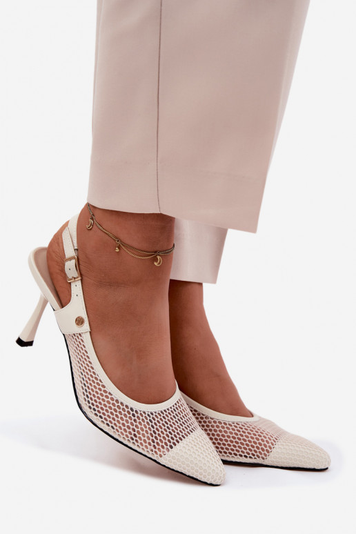 Pealhk Ažuursed sandaalid Kingad Pealiste omad kõrge jämeda kontsaga Sellel onciejka K7507-22 Elevandiluu värvi