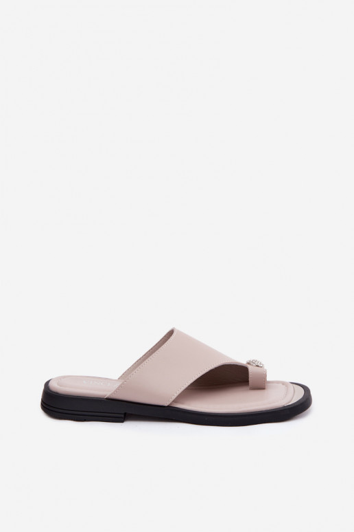 Plätud naturaalsest nahast moodsad varbavahe-sandaalid Pealiste omad laiade nööridega Vinceza 62307 beeži värvi