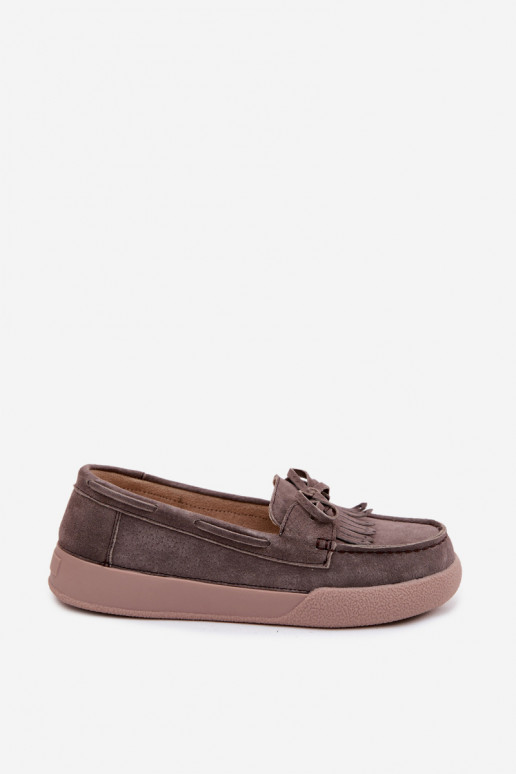 Naiste kunstveluurist mokasiinid koos lipsudega ja narmastega Vinceza 93223 pruunis