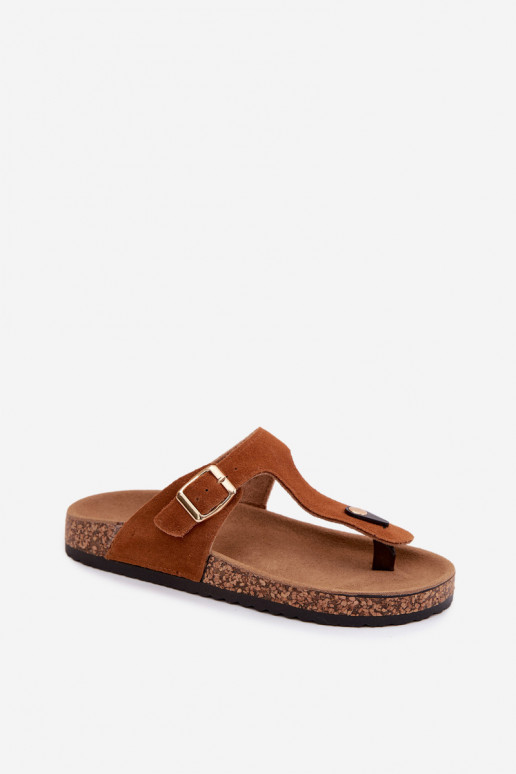 Pealhk seemisnahksed sussid moodsad varbavahe-sandaalid Kuldse pandlaga pruunid värvi Honey