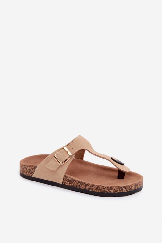 Pealhk seemisnahksed sussid moodsad varbavahe-sandaalid Kuldse pandlaga beeži värvi Honey