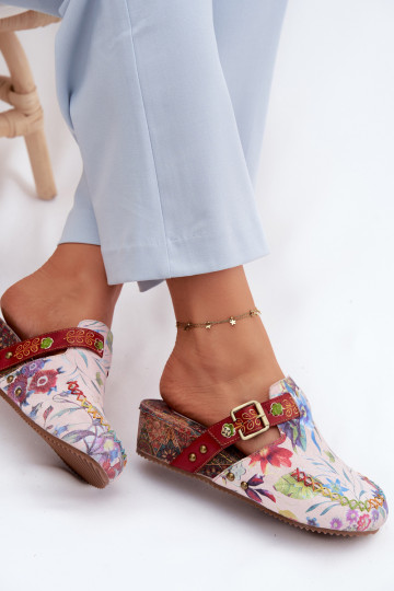 Plätud naturaalsest nahast Mule Pealiste omad platvormiga lilledega Sellel onciejka K7409-15 Mitmevärvilised