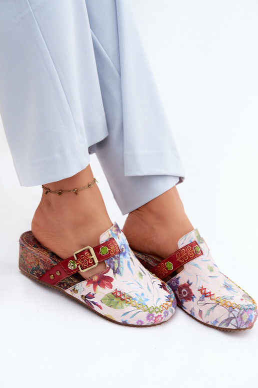 Plätud naturaalsest nahast Mule Pealiste omad platvormiga lilledega Sellel onciejka K7409-15 Mitmevärvilised