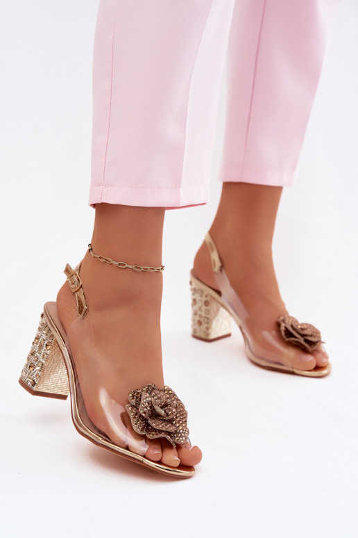 Külgedelt läbipaistvad sandaalid kõrge jämeda kontsaga kristallidega D&A MR61-9013 Kuldset värvi