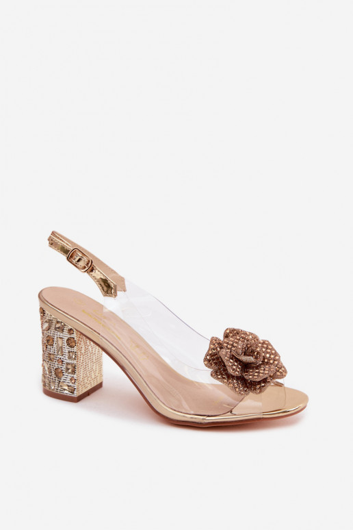Külgedelt läbipaistvad sandaalid kõrge jämeda kontsaga kristallidega D&A MR61-9013 Kuldset värvi