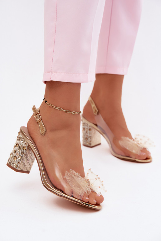 sandaalid kõrge jämeda kontsaga kristallidega Siateczkosissea lipsukesega D&A MR61-9010 Kuldset värvi