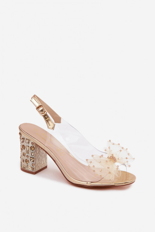 sandaalid kõrge jämeda kontsaga kristallidega Siateczkosissea lipsukesega D&A MR61-9010 Kuldset värvi