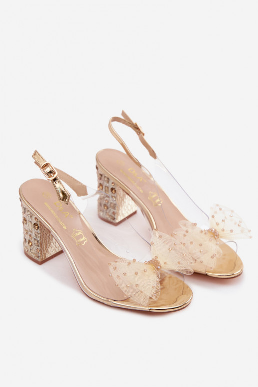 sandaalid kõrge jämeda kontsaga kristallidega Siateczkosissea lipsukesega D&A MR61-9010 Kuldset värvi