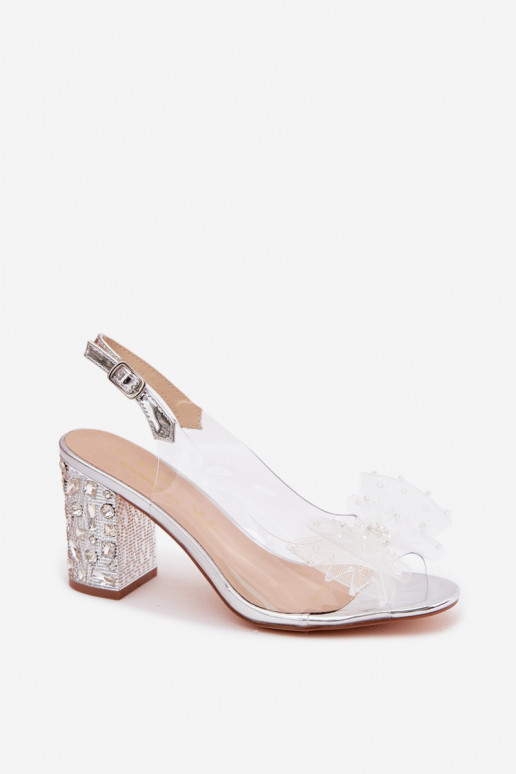 sandaalid kõrge jämeda kontsaga kristallidega Siateczkosissea lipsukesega D&A MR61-9010 Hõbedat värvi