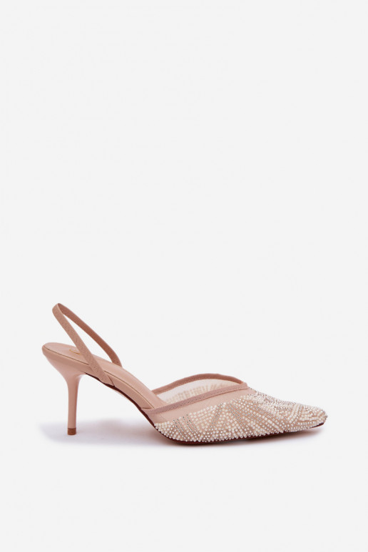 Kaunistustega sandaalid võrguga kõrge jämeda kontsaga beeži värvi Bedira