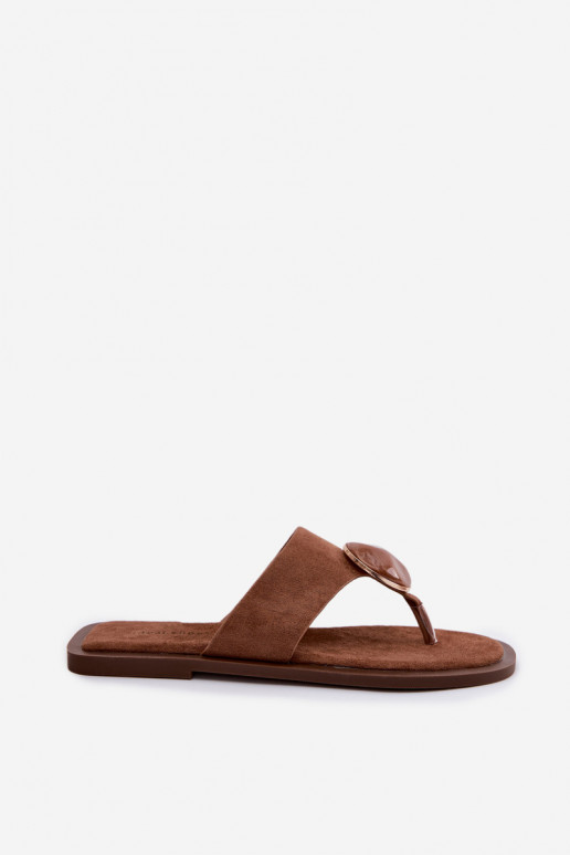 sileda tallaga Plätud moodsad varbavahe-sandaalid Pealiste omad kaunistustega Eco Suedeosissee pruunid värvi Selvessa