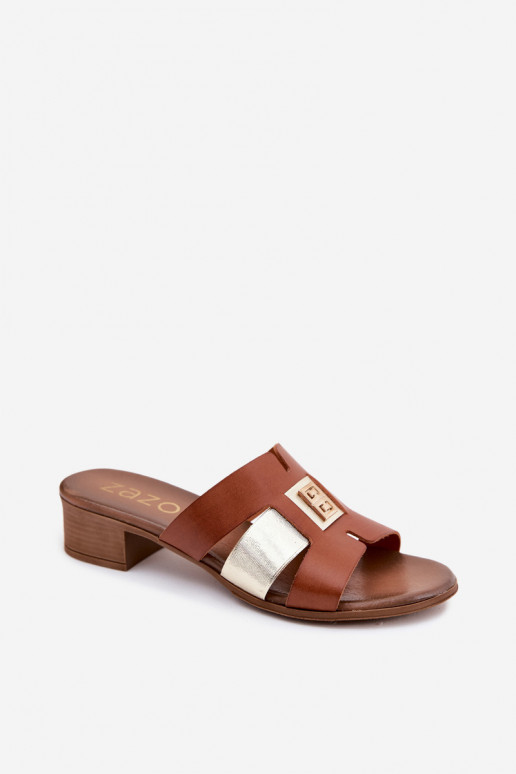 Plätud naturaalsest nahast Pealiste omad kõrge jämeda kontsaga Zazoo 40517 pruunid värvi