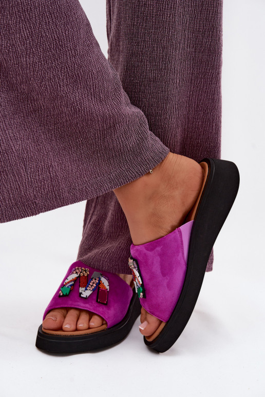 Pealhk naiste seemisnahksed sussid kaunistustega platvormiga Vinceza 66942 tumeroosad värvi