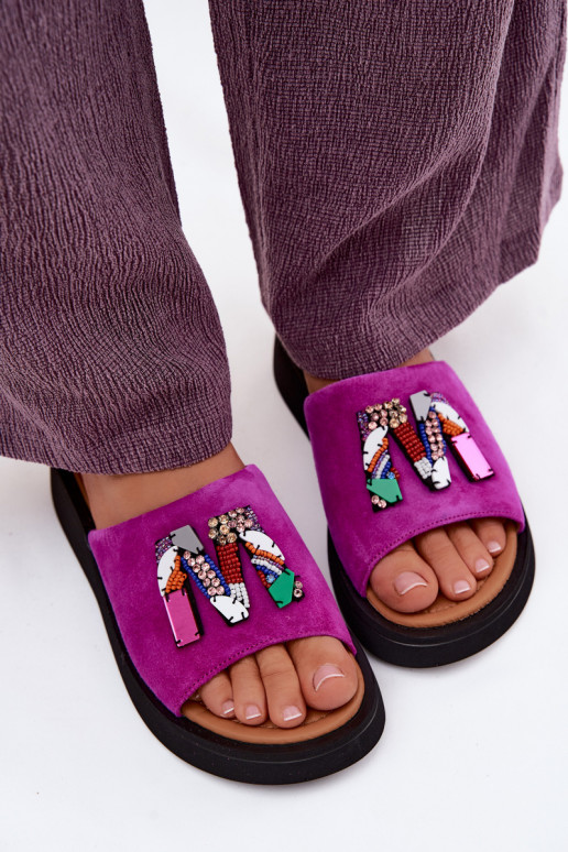 Pealhk naiste seemisnahksed sussid kaunistustega platvormiga Vinceza 66942 tumeroosad värvi