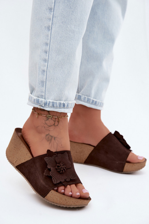 Pealhk naiste seemisnahksed sussid platvormiga Koos Ornate lilledegaem Zazoo 40312 Czekoladosissee