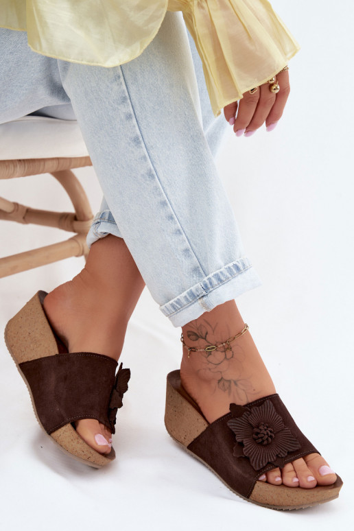 Pealhk naiste seemisnahksed sussid platvormiga Koos Ornate lilledegaem Zazoo 40312 Czekoladosissee