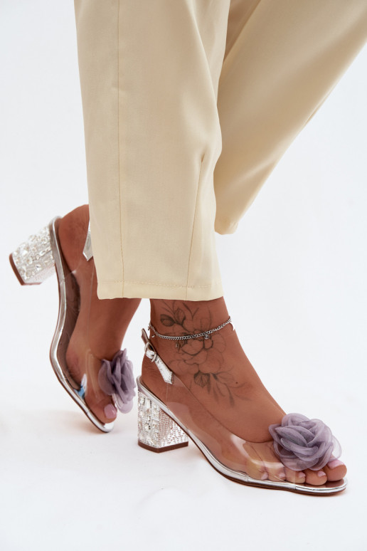 sandaalid Külgedelt läbipaistvad kõrge jämeda kontsaga kristallidega Siateczkosissea tumeroosad värvia D&A MR61-9011 Hõbedat vär