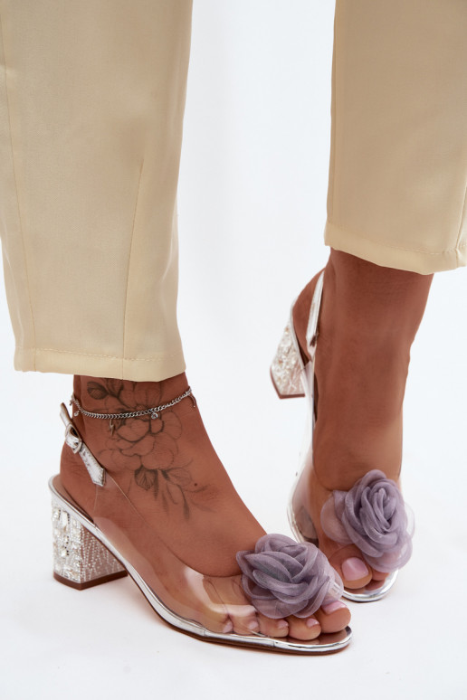 sandaalid Külgedelt läbipaistvad kõrge jämeda kontsaga kristallidega Siateczkosissea tumeroosad värvia D&A MR61-9011 Hõbedat vär