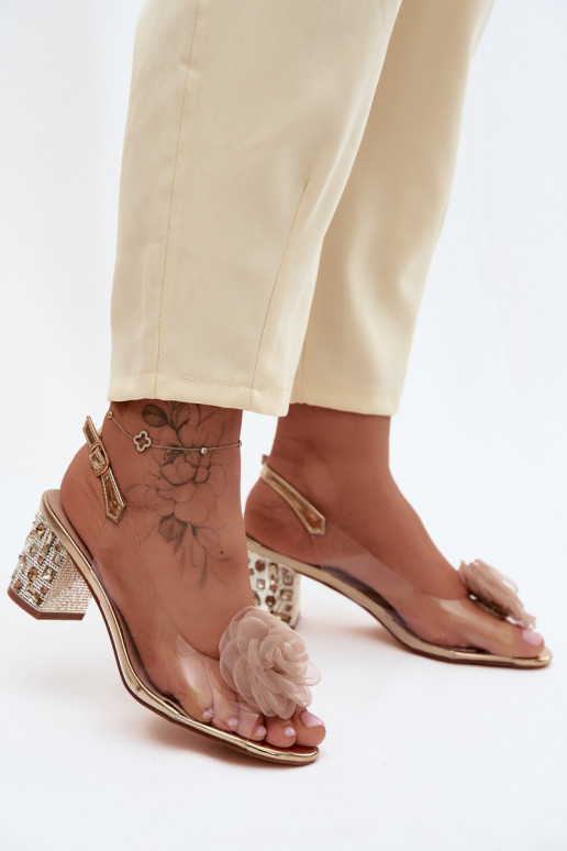 sandaalid Külgedelt läbipaistvad kõrge jämeda kontsaga kristallidega Siateczkosissea tumeroosad värvia D&A MR61-9011 Kuldset vär