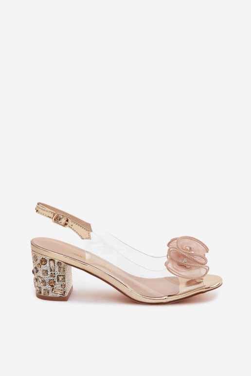 Külgedelt läbipaistvad sandaalid kõrge jämeda kontsaga kristallidega D&A MR61-9012 Kuldset värvi
