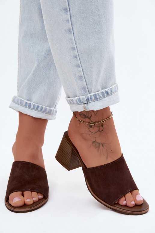 Pealhk naiste seemisnahksed sussid kõrge jämeda kontsaga Zazoo 40519 Czekoladosissee