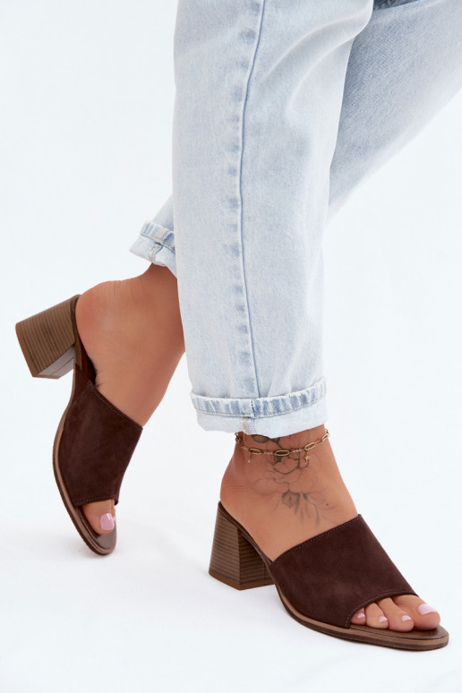 Pealhk naiste seemisnahksed sussid kõrge jämeda kontsaga Zazoo 40519 Czekoladosissee