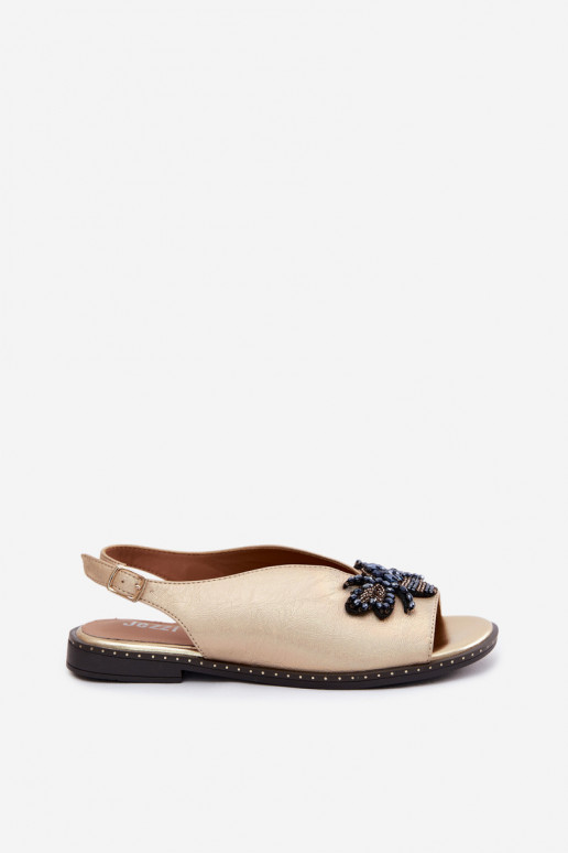 Läikivad Pealistesandaalid kaunistustega sileda tallaga Kuldset värvi Russona