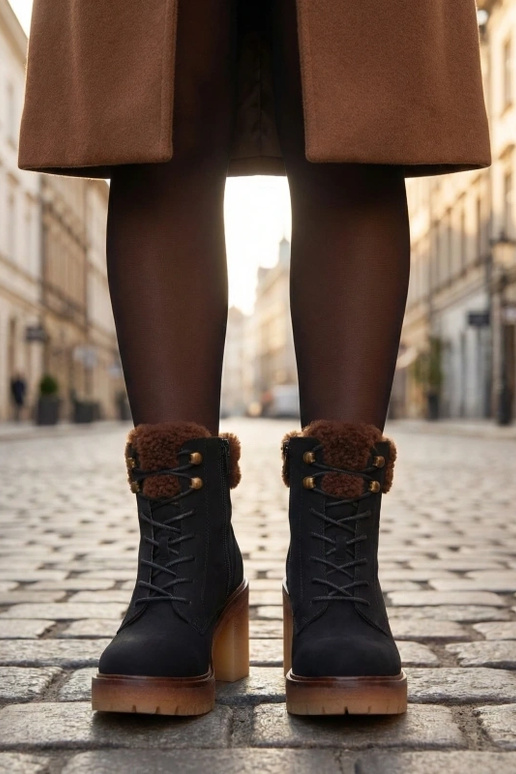 Mustad ankle boots plokk-kontsaga karvaga varrukaga Alona