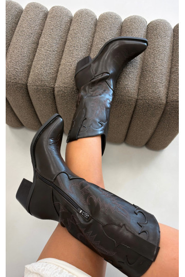 Knee-high cowboy-stiilis saapad kontsadega šokolaadi kunstnahast Jarissa 2