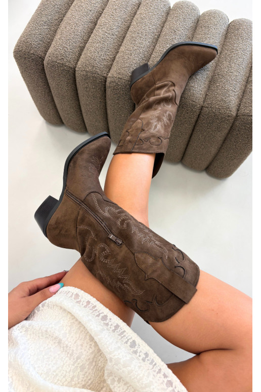 Knee-high cowboy-stiilis saapad kontsadega pruunist kunstsuede'ist Jarissa