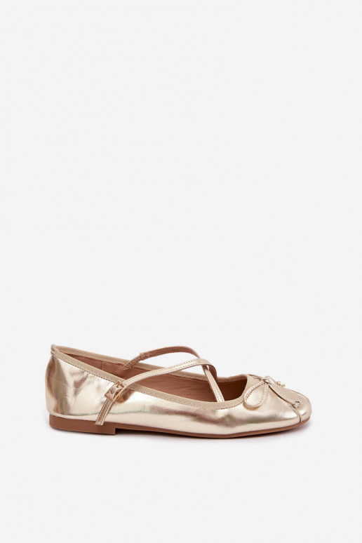 Kuldne lakitud ballerina rihmadega Kokardką