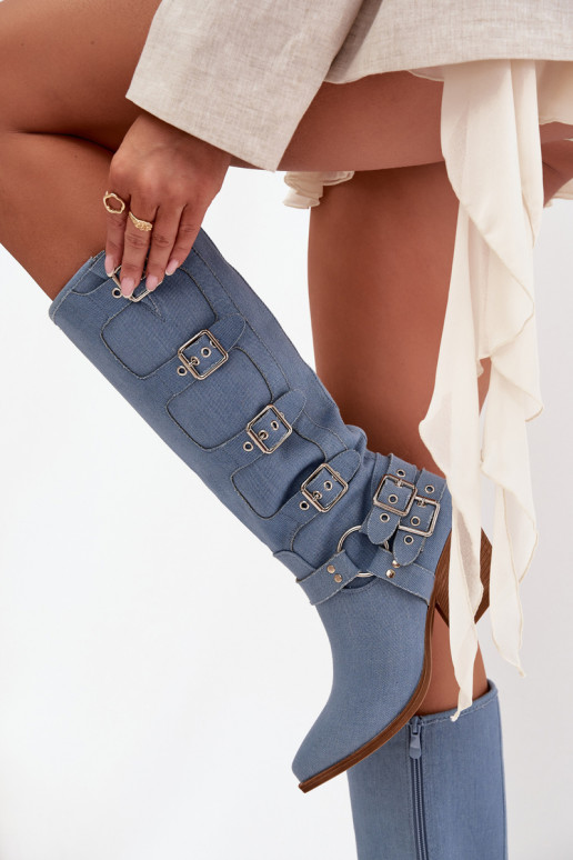 Denim kauboi stiilis kõrged saapad kontsade ja klambriga Fivelle